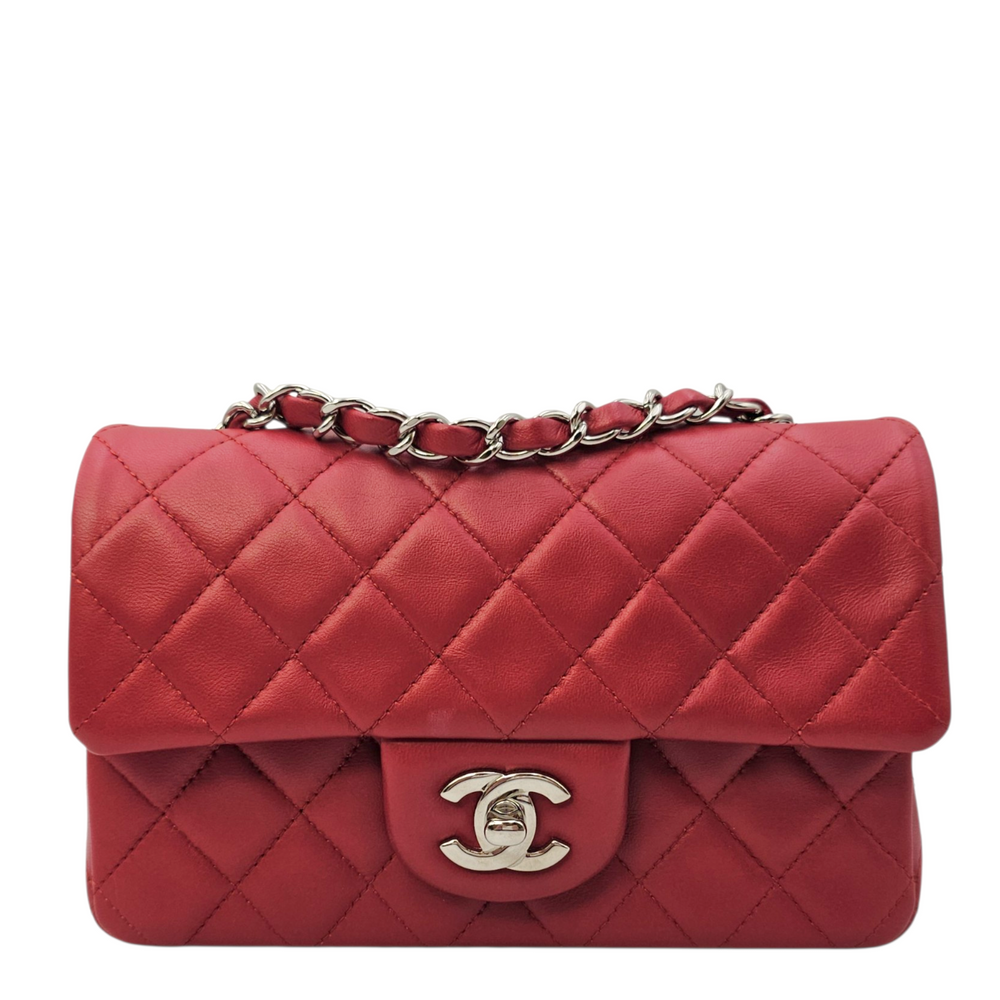 Chanel Rectangular  Mini Red Shoulder Bag in Lambskin Silver hardware