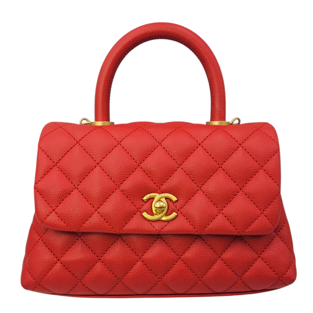 Chanel Coco Handle Quilted Red Top Handle Bag in Caviar Leather Brushed Gold hardware