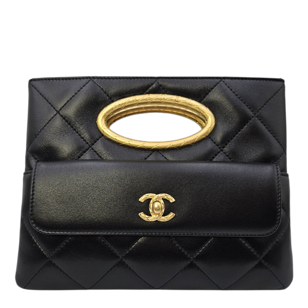 Chanel Clutch with Chain  Black Top Handle Bag in Lambskin Gold hardware