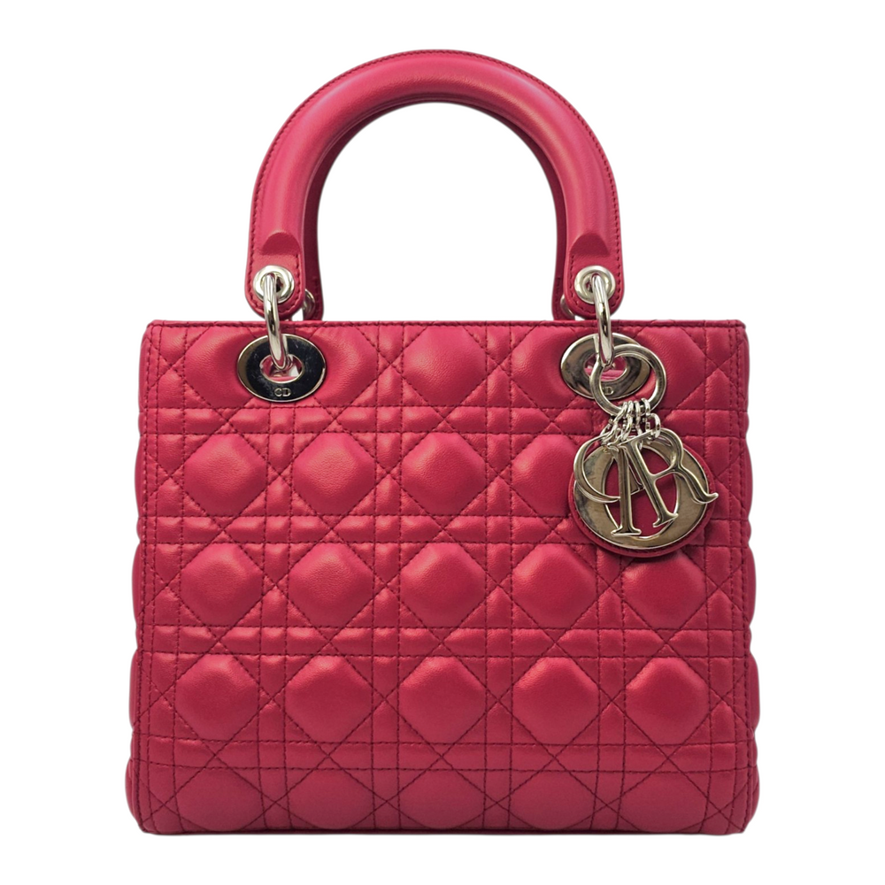 Dior Lady Dior Red Top Handle Bag in Lambskin Silver hardware
