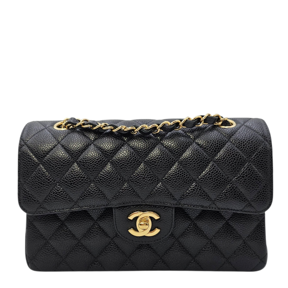 Chanel Classic (Double Flap) Small Black Shoulder Bag in Caviar Leather Gold hardware