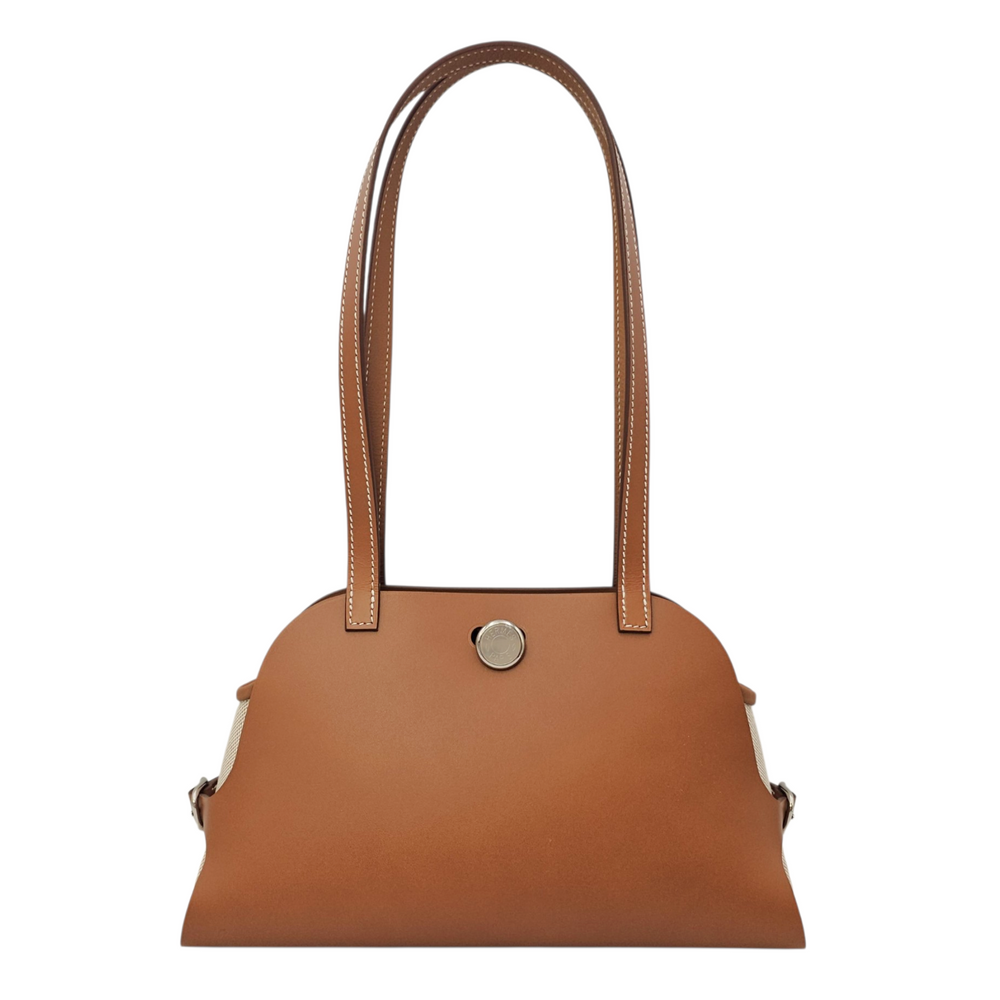 Hermès Tablier Sellier  Fauve/Gold/Ecru-beige in Vache Hunter/Swift/Toile Palladium hardware